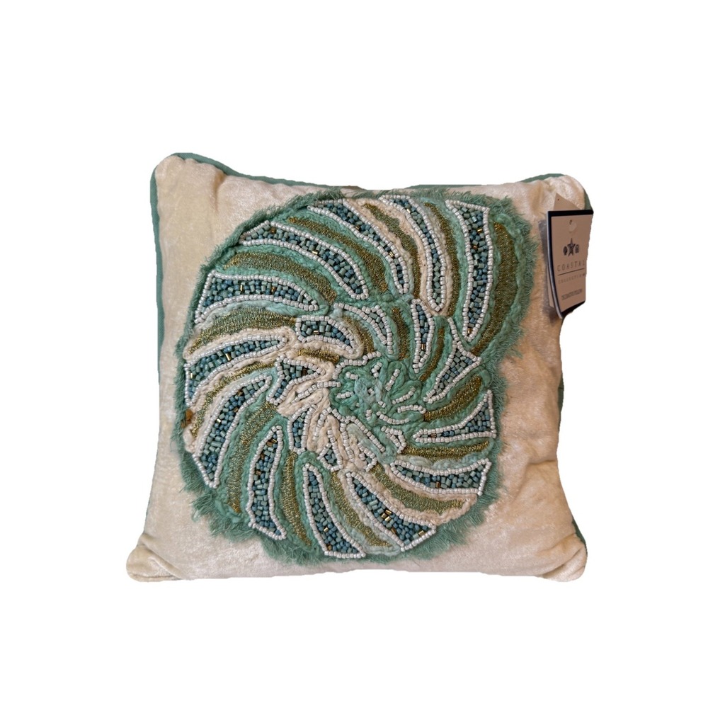 Coastal Collection Beaded Seashell Velour Accent Pillow Beach Ocean‎ Decor 12"